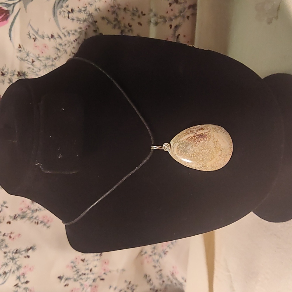 Wax black cord necklace, jasper ,silver wire,10 1/2